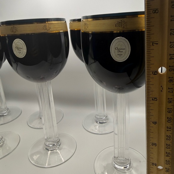 6 Vintage Christian Dior Ebony Gold Wine Crystal Stemware Japan - Picture 5 of 9